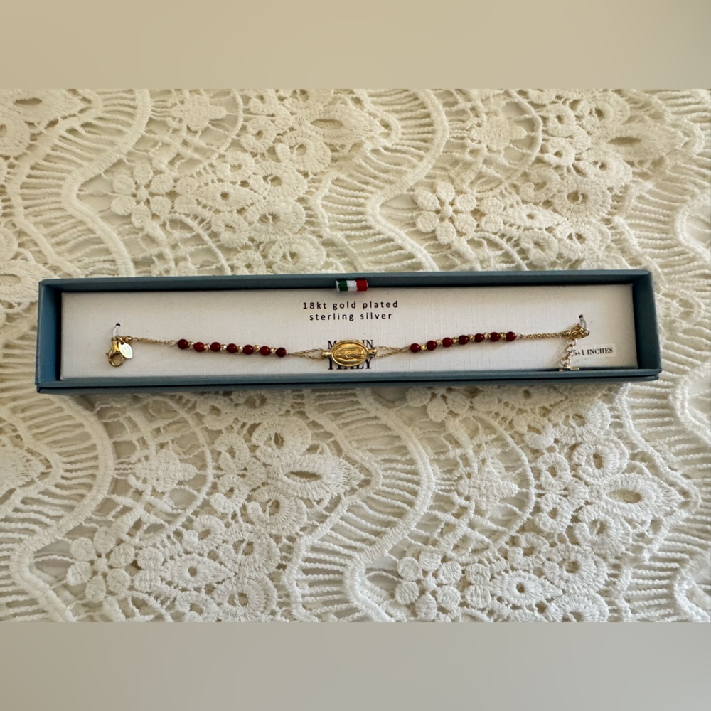 Mia Fiore 18Kt Gold Plated Sterling Silver Bracelet Gold Red Beads Religious Cha